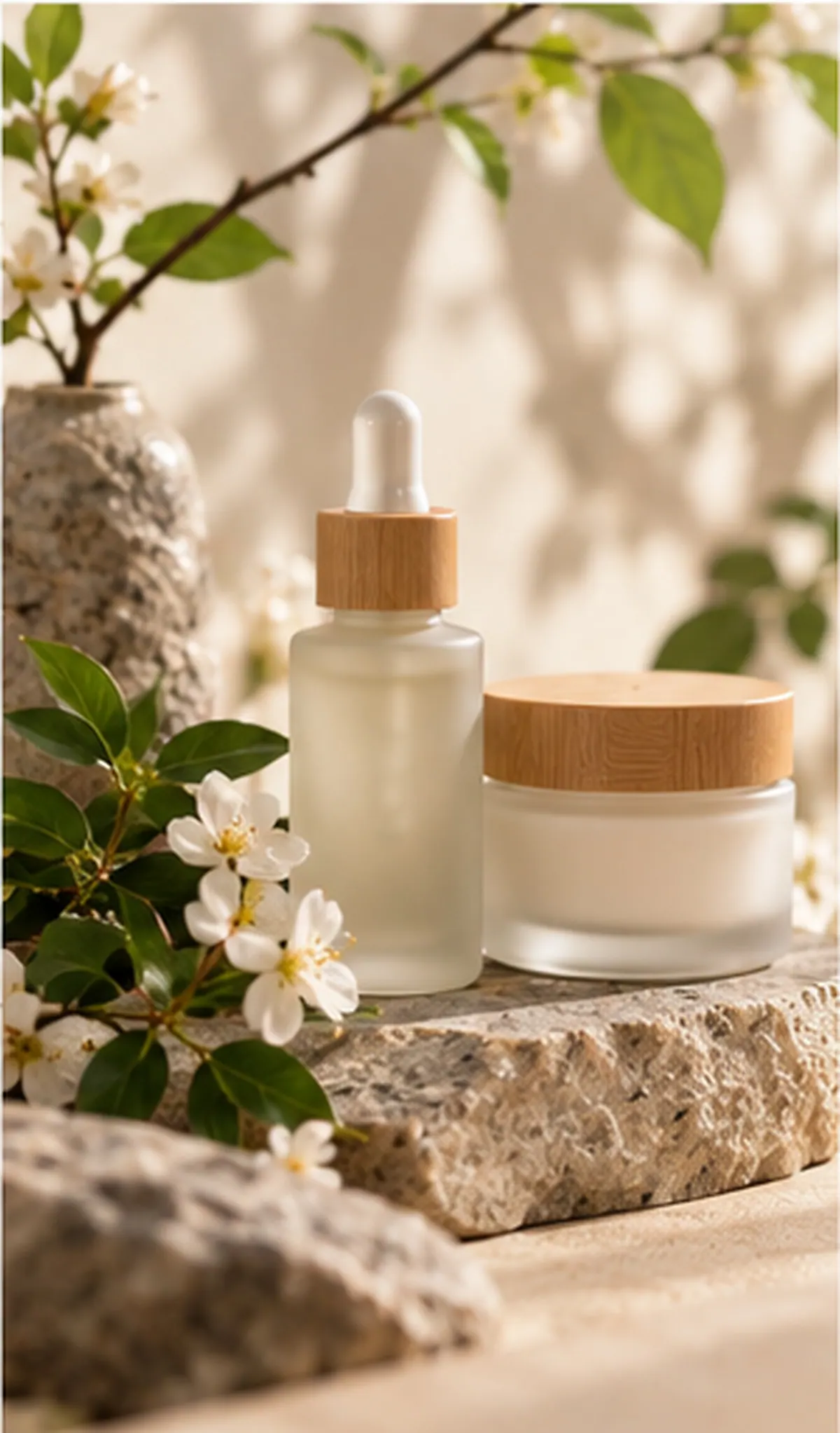 Frosted glass skincare bottles with botanical blossoms in warm light