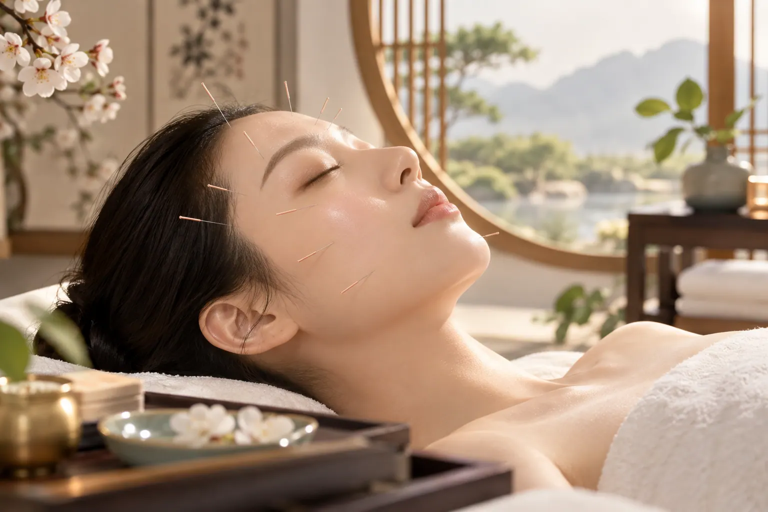 Person receiving a calming facial acupuncture treatment with fine needles, blossoms nearby