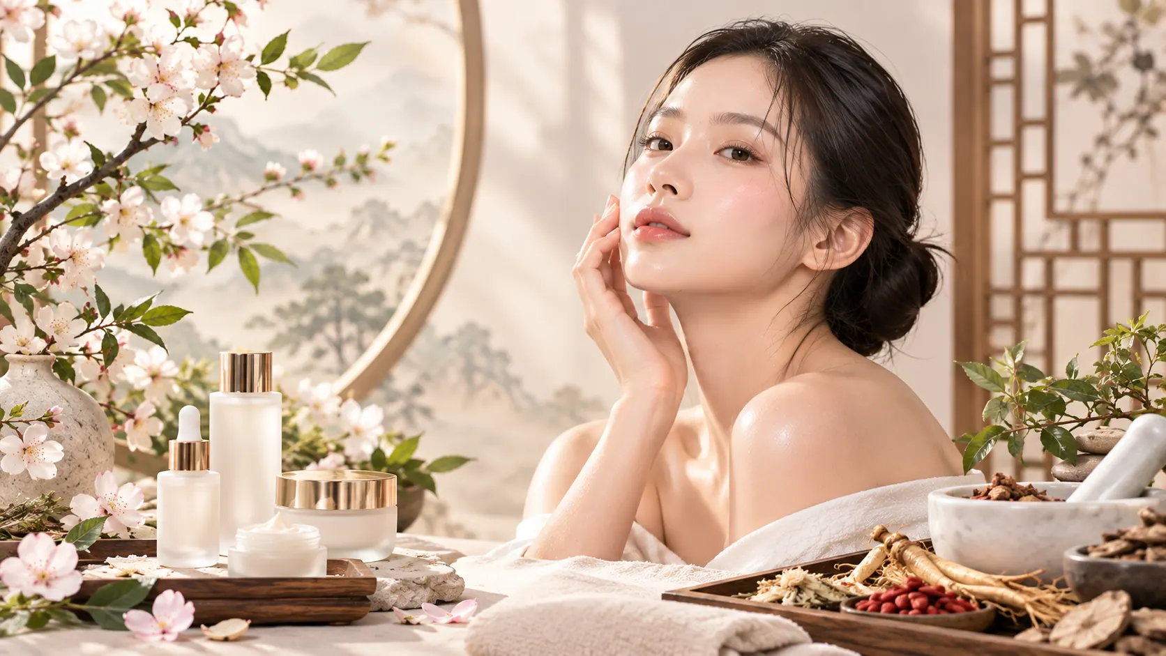 Woman with luminous glass skin beside K-Beauty skincare, blossoms and herbal ingredients