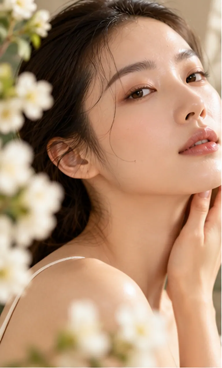 Close-up of luminous, healthy-looking glass skin with soft natural light