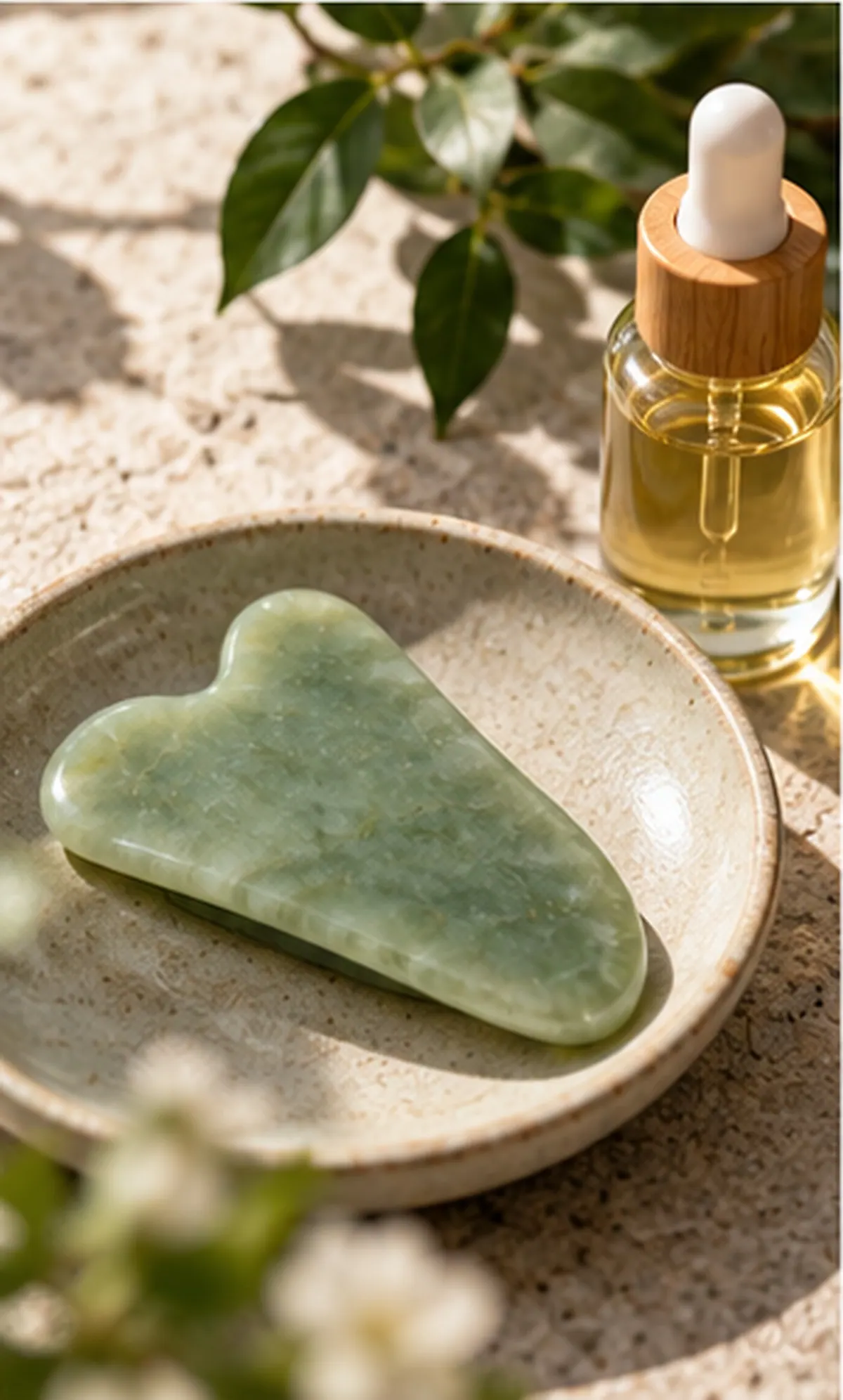 Gua sha stone tool beside a serum bottle on a soft neutral background