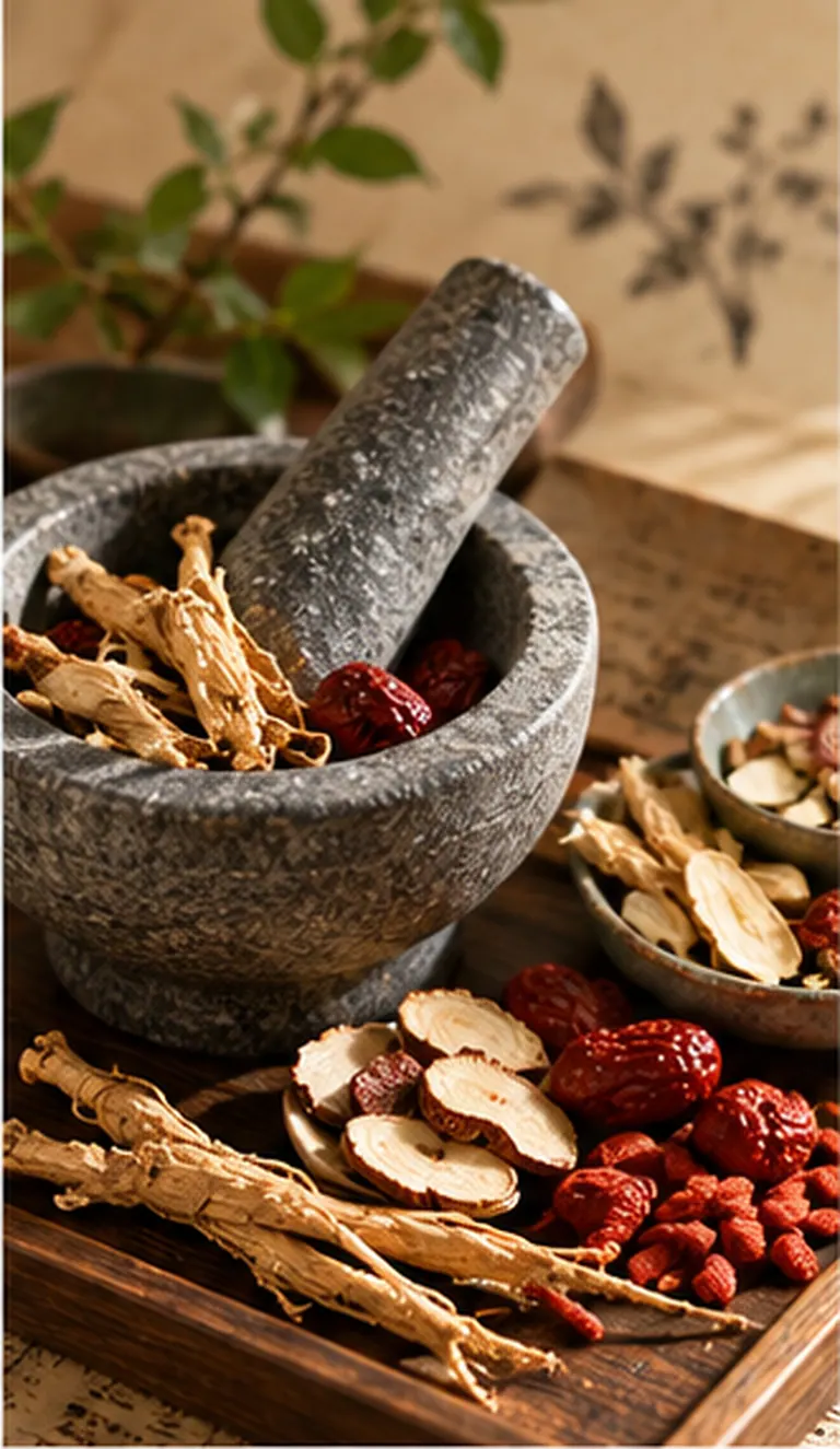 Traditional Korean herbal ingredients with a stone mortar and pestle