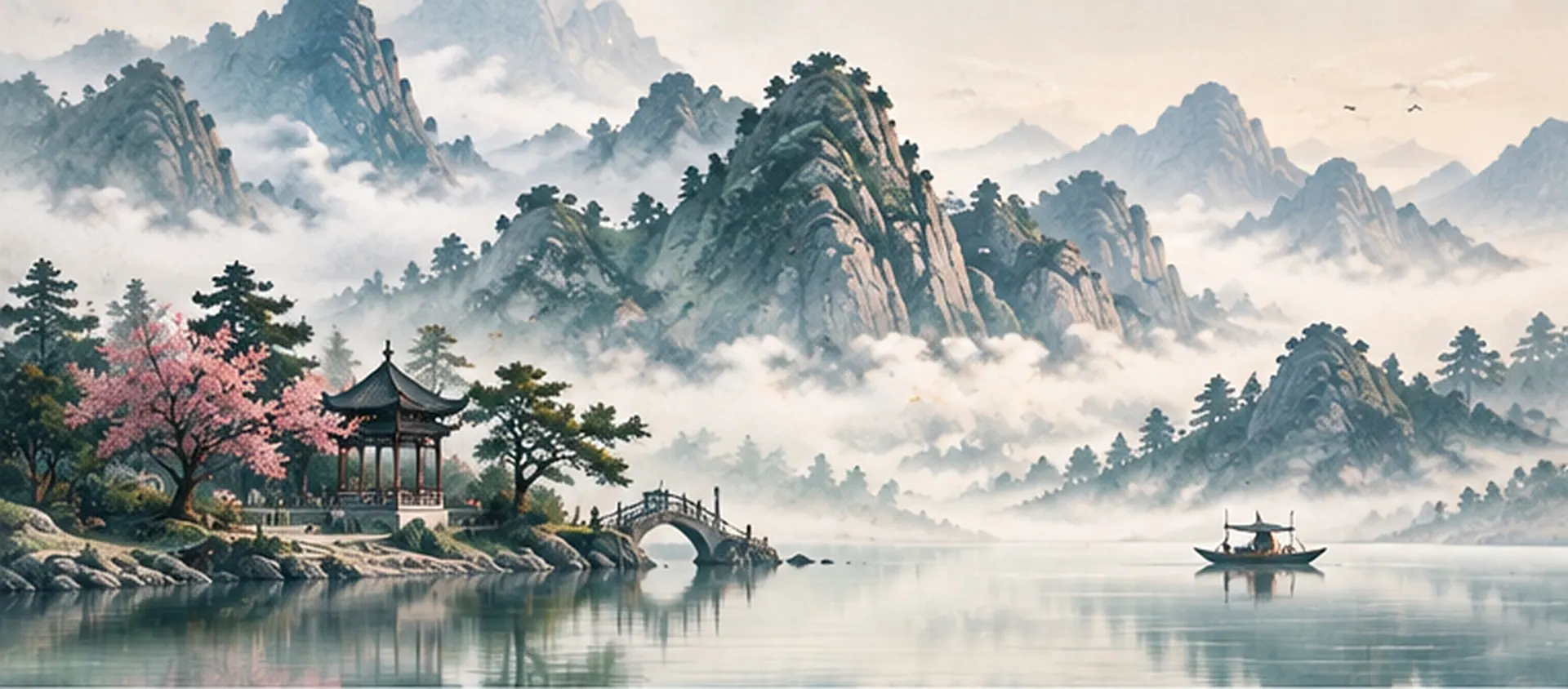 Misty shanshui landscape painting with mountains, a pavilion and a still lake