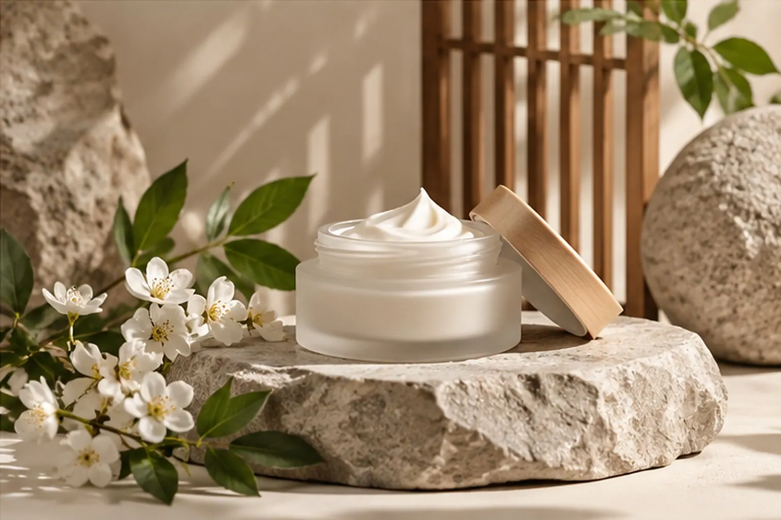 Frosted glass skincare jar among soft blossoms in warm natural light
