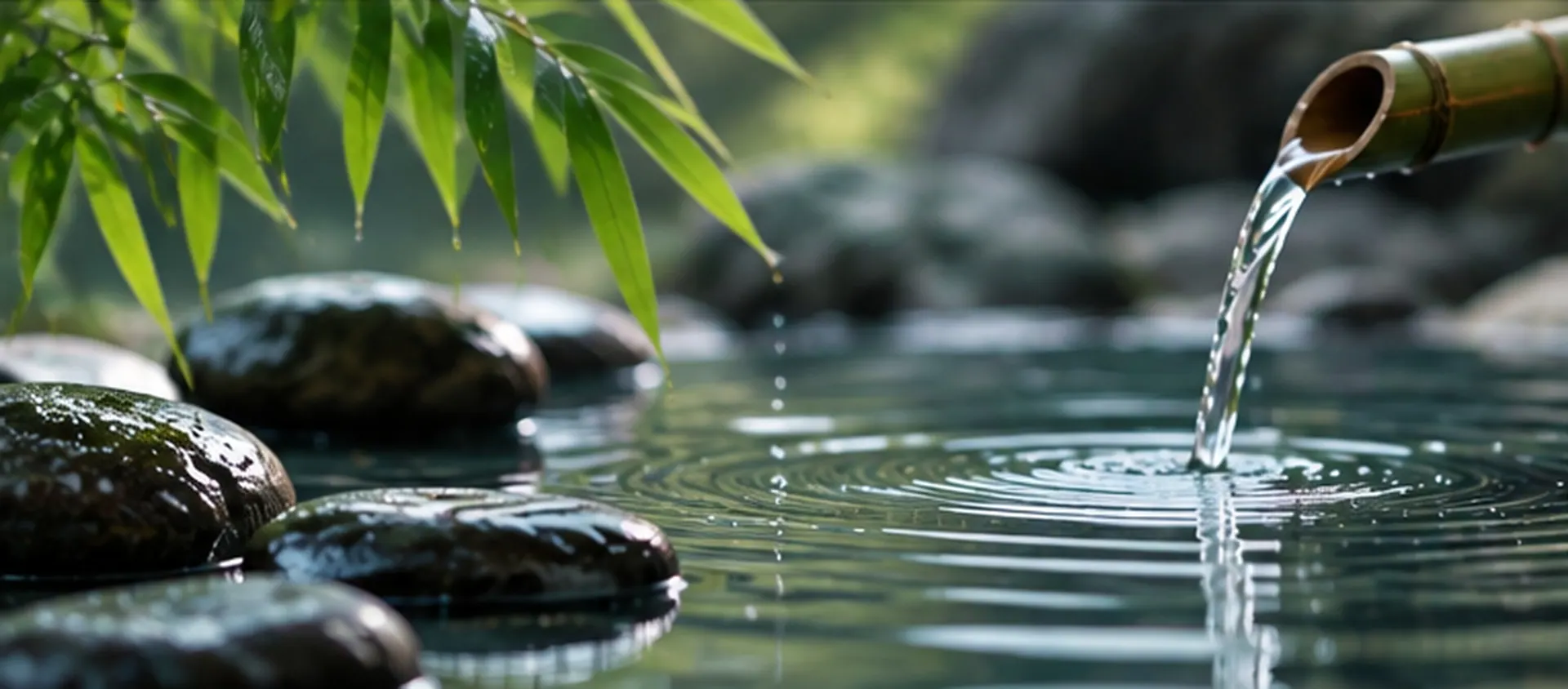 Water flowing from a bamboo spout into a still zen pool